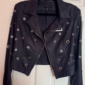 Jolibel Black Grommet-Detail Leather Jacket